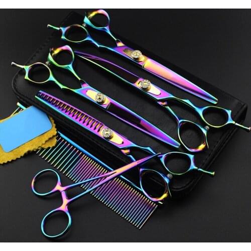 6 kit Professional Japan 7 inch rainbow pet grooming hair scissors set cutting shears dog thinning barber hairdressing scissors