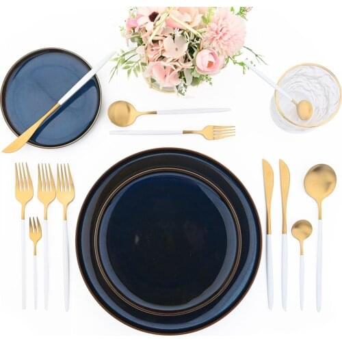 JANKNG 30Pcs White Gold Cutlery Set Knife Fork Spoon Dessert Flatware Dinnerware Set Stainless Steel Silverware Matte Tableware