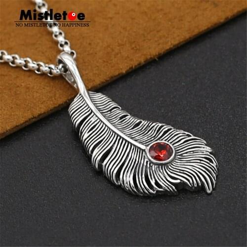 Genuine 925 Sterling Silver Vintage Punk Locomotive Indian Eagle Feather Red CZ Pendant For Women Men Necklace Jewelry
