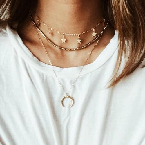 51816 hanzhishang new Pentagram pendant clavicle chain creative simple crescent three layer Necklace