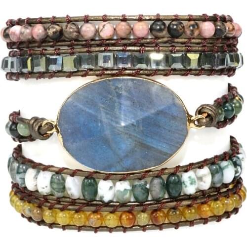 NEW Labradorite stone Leather Bracelet Mix Stones beads Women vintage Wrap Bracelet Boho Bracelet gift jewelry Dropshipping