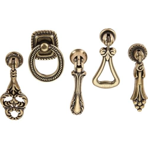 DRELD Retro Style Drop Pendant Bronze Drawer Cabinet Knob Pull Antique Brass Drop Ring Cupboard Dresser Handle Knob Home Decor
