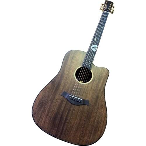 Full solid sapele wood acoustic guitar 40 inch high gloss 6 string folk guitar with solid spruce wood top high quality