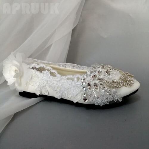 Luxury lace crystal rhinestones bridal wedding flats shoes flower girl bridesmaid party wedding party white lace shoes big size