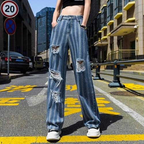 Oversize Ripped Baggy Jeans Women High Waist Jeans Summer Streetwear Loose Wide Leg Jacquard Striped Straight Denim Pants Female