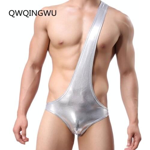 Sexy Men Undershirt PU Wrestling Singlet Jumpsuit Suspender Faux Leather Underwear One-Piece Bodysuit Men Underwear Undershirts