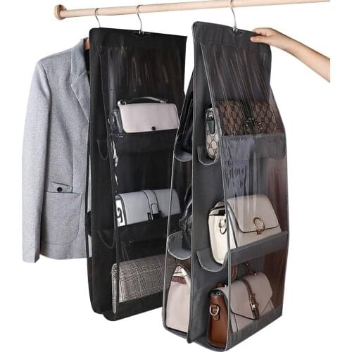6 Pockets Clear Hanging Purse Handbag Tote Bag Storage Organizer Closet Rack Bag Saving Space Bags Package Black And White