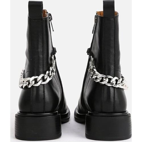 MUMANI New 2021 Woman‘s ANKLE Boots Flat With Metal Chain British Style Genuine Leather Short Square Toe Black ZIP Martin Boots