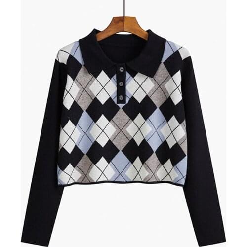 Vintage Korean Argyle Sweater Women Long Sleeve Crop Knitted Sweater Jumpers Casual Female Ladies Outwear