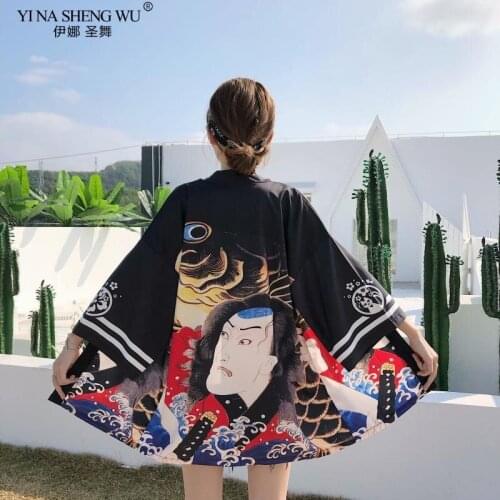 Janpanses Samurai Yukata Kimono Exaggerated Print Haori Clothing Loose Casual Kimono Streetwear Women Jacket Summer Beach Coat
