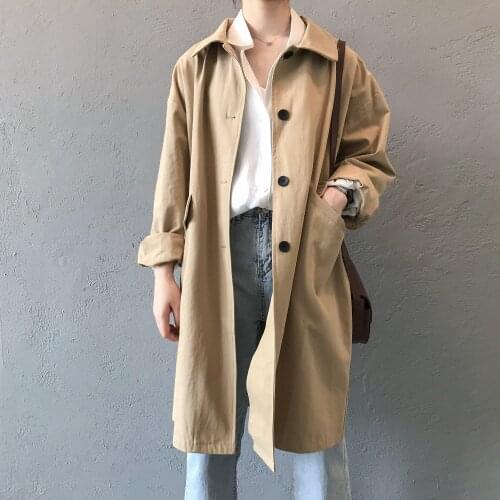 High quality female big size single breasted cargo coat with pockets women causal khaki green knee length trench coats