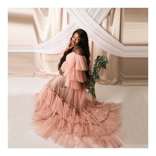 New In Pink Pleated Tulle Maternity Dresses For Photo Shoot Cap Sleeves With Straps Floor Length Plus Size Soft Bridal Pregnancy