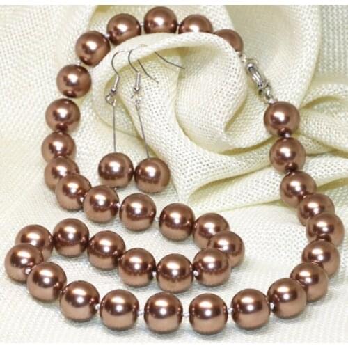 Romantic champagne 12mm simulated-pearl shell round beads necklace earrings for women unique design jewelry set 18inch B2340