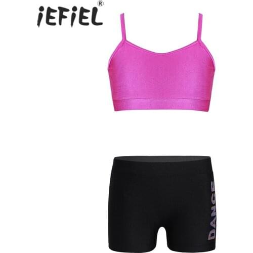 Kids Girls Spaghetti Straps Ballet Leotard Outfit Shoulder Straps Tank Top Letters Printed Bottoms 2pcs Set Workout Clothes