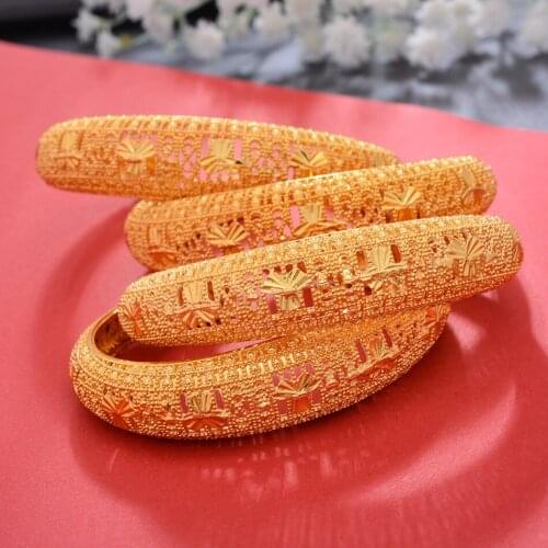 4Pcs Gold Color Cuff Bangles for Women indian Ethiopian African Dubai Bracelet&Bangles Party wedding Gifts Adjustable