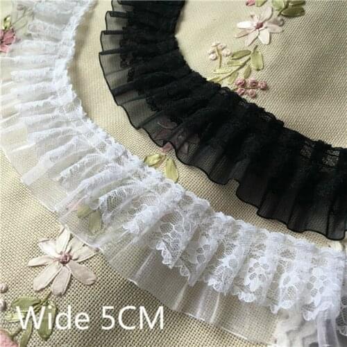 5CM Wide Pleated Chiffon 3D Flowers Embroidered Ribbon Tulle Lace Trim For Women Dress Tassel Fringe Hem Decor Sewing Supplies