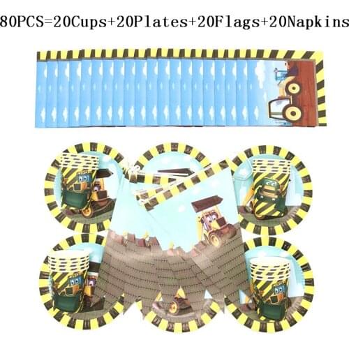 50/80Pcs Construction Vehicle Theme Birthday Party Cups Plates Flags Napkin Wedding Family Party Hanging Banner Decoration