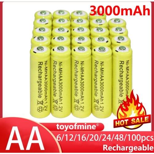 6/12/16/20/24/48/100pcs AA battery batteries Bulk Nickel Hydride Rechargeable NI-MH 3000mAh 1.2V Yellow