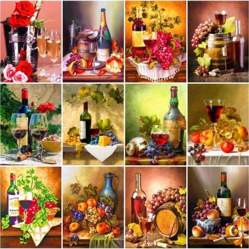 AZQSD Diamond Embroidery Wine Fruit Kitchen Mosaic Diamond Painting Landscape Cross Stitch Handmade Rhinestones Home Decor