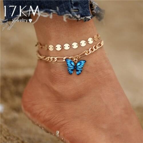17KM Fashion Multilayer Butterfly Anklets For Women Boho Summer Blue Butterfly Beach Ankle Bracelet Foot Chain Jewelry