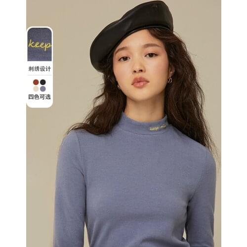 INMAN Autumn Winter Womens T-Shirt Chic Embroidery Design Half-Height Collar Pure Color Casual All-Match Long Sleeves Top