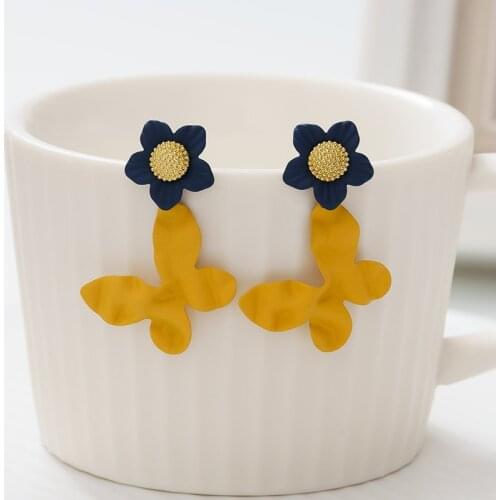 Jaeeyin 2021 Fashion Flower Dark Blue Petal Yellow Butterfly Leaf Irregular Surface Exquisite Statement Earrings For Women Kids