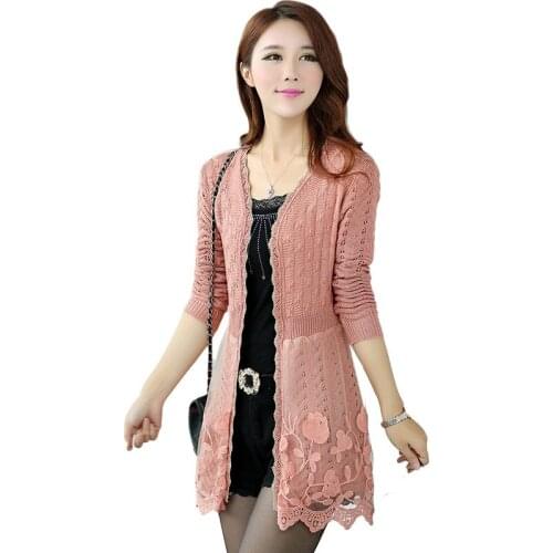 JQNZHNL Women Sweater Cardigans 2021 New Fashion Long Sleeved Lace Stitching Sweater Knitted Cardigan Female Sweaters Coats A85