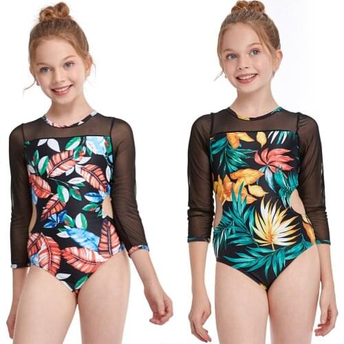 Girls Swimsuits 2021 Summer Children Mesh Patchwork One Piece Bikini Kids Swimwear Leaf Printed Backless Beachwear Bathing Suit