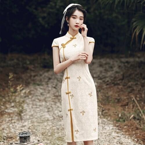 Summer Women Cheongsam Vintage Mini Evening Party Dress Chinese Traditional Qipao Vestidos Robe Orientale Lace Qi Pao Modern