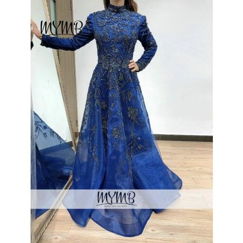 MYMB Long Sleeve Handmade Beading Haute Couture Evening Dress 2021 Designer A Line Wedding Party Dubai Evening Gown MY41133