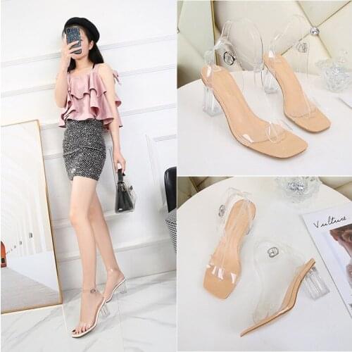 Thick high heels summer shoes woman narrow band ankle strap transparent sandals female crystal heels sandalias mujer party shoes