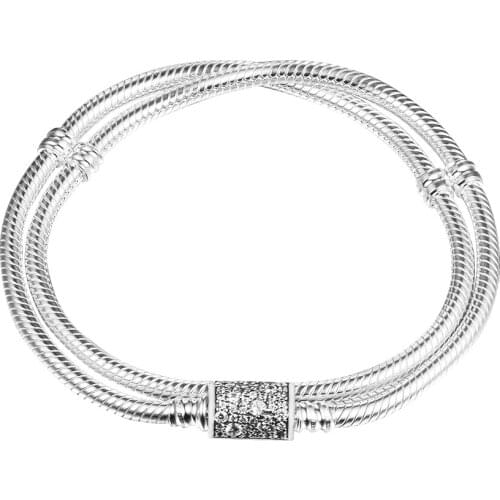 Moments Double Bracelet Wrap Barrel Clasp Snake Chain S925 Silver Jewelry Fit Charm Beads DIY For Women Gift B131