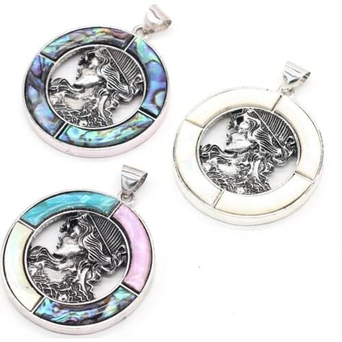 Natural Shell Pendant Exquisite Round Shape White Black Shell Abalone Shell Accented Alloy Charms for Jewelry Making Necklace