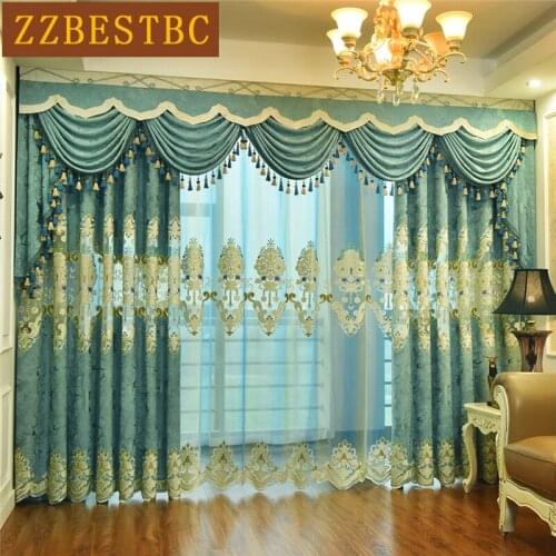 Luxury Semi-Blackout Blue Embroidery Curtains For Living Room European Style Chenille Finished Product Flower Tulle For Villa