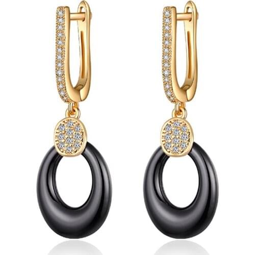 New Fashion Water Drop Black Ceramic Earrings Gold Silver Color Plated Cubic Zirconia CZ Dangle Earrings for Women Jewelry Gifts