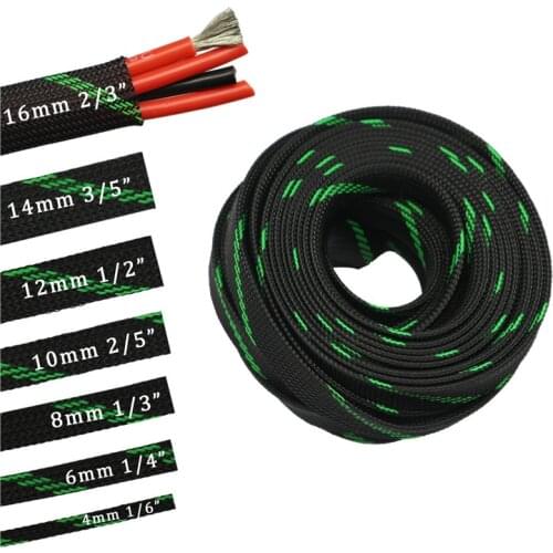 33ft-10m 4 6 8 10 12 14 16mm greenblack Braid PET Expandable Sleeving High Density Plaited Cable Sleeves Fabric Cable DIY