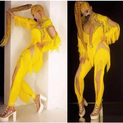 Yellow jumpsuit party girl stage dance wear gold tassel singer club outfit sexy dancer bodysuits