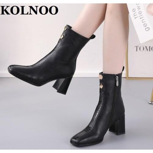 KOLNOO New Handmade Womens Chunky Heels Boots Square-Toe Party Prom Ankle Booties Large Size 34-43 Winter Evening Fashion Shoes