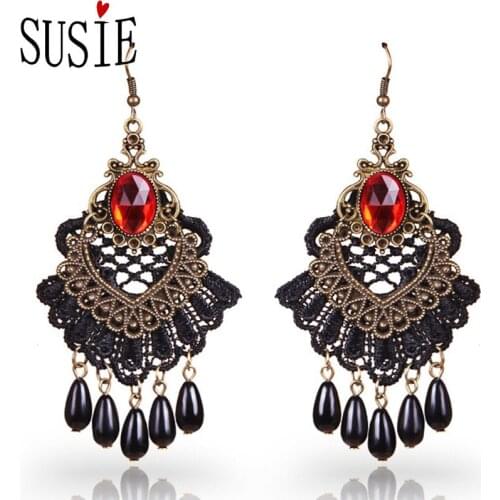 LOVE SUSIE Vintage Women Earrings With Pearl Black Lace Jewelery Luxury Party Accessories Retro Style Ladies Jewelry