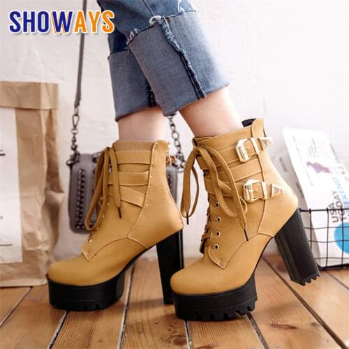 Plus Size Winter Women Platform Ankle Boots 11cm High Chunky Heels Round Toe Lady Plush Zipper Lace-up Buckle Short Martin Boots