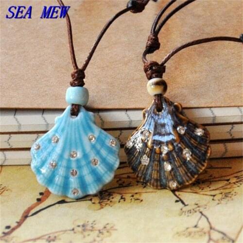 26mm Fashion Ethnic Style Crystal Seashell Ceramic Pendant Long Necklace Handmade Adjustable Wax Rope Sweater Necklace For Women