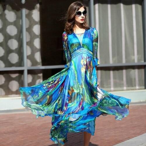 Beach 2020 Spring Summer Bohemian Women Print Silk Dress Fashion Long Dresses Maxi Elegant Boho Vestido Floral KJ2860