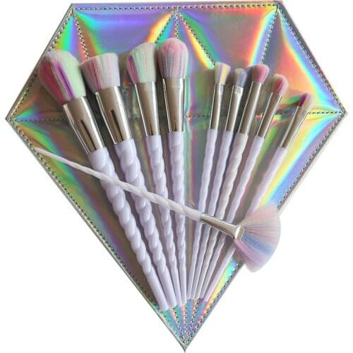 10pcs Thread White Handle Colorful Hair Makeup Brush Diamond Bag Face Eyeshadow Powder Foundation Eyebrow Make Up Brush Kit Tool