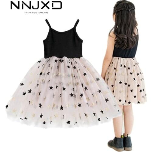 2020 Cotton Casual Sling Summer Beach Dress Pentagram Printed Mesh Dress for Girls Party Dresses 3-8Y Kids Child School Clothes