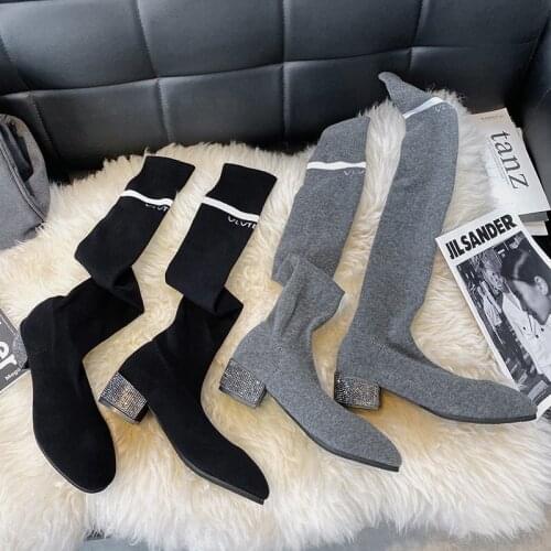 2021 Fashion Women Over The Knee High Sock Boots 5cm High Heels Nightclub Block Crystal Glitter Boots Winter Womens High Boots