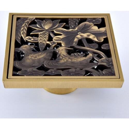 Antique Brass Vintage Carved Flower Pattern Bathroom Shower Drain 4" Square Floor Drain Waste Grates Bathroom Accessory mhr075