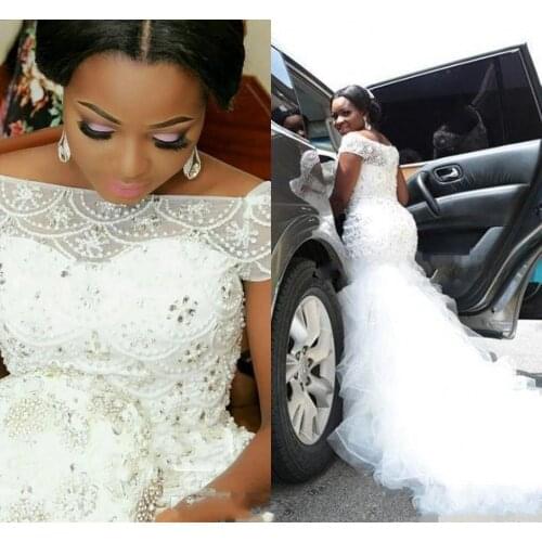 Mermaid Appliques White Wedding Dresses With Short Sleeves Scoop Neck Tulle Mermaid Bridal Gowns Sweep Train Custom Made