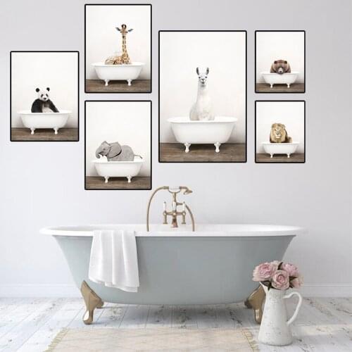 Baby Animals in the Bathtub Poster Modern Bathroom Funny Canvas Paintings Panda Giraffe Elephant Wall Art Pictures Prints Decor