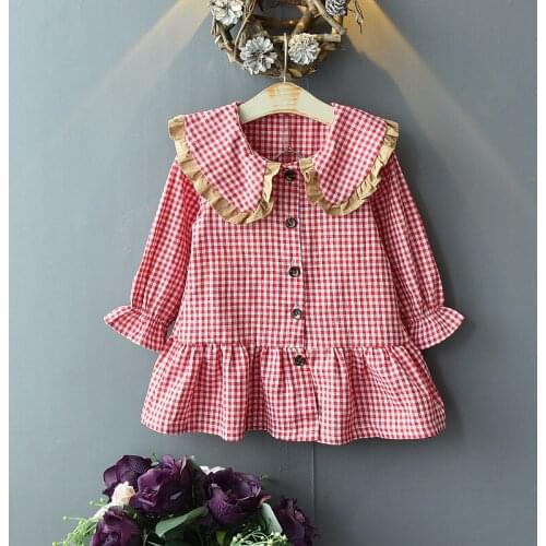 2020 Spring Cute Plaid Girls Dress Turn-Down Collar Single Breasted Kids Dresses For Girls High Quality Fashion Girl Clothes
