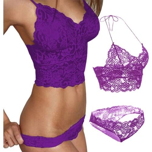 Women Sexy Lingerie Sets Lace Shoulder Strap V-neck Crop Top Underwear Set Push Up Bra And Panty Set Fashion Solid Color Bra Set
